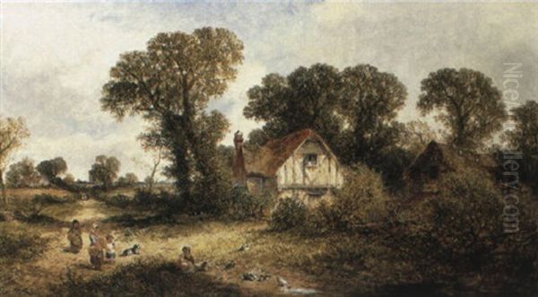 Children By A Country Cottage Oil Painting by James Edwin Meadows