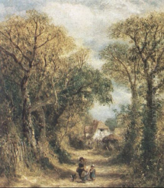 Mother With Children And Dog In Cottage Lane Oil Painting by James Edwin Meadows