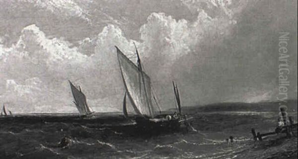 Fishing Boats Along The Shore Oil Painting by James Edwin Meadows