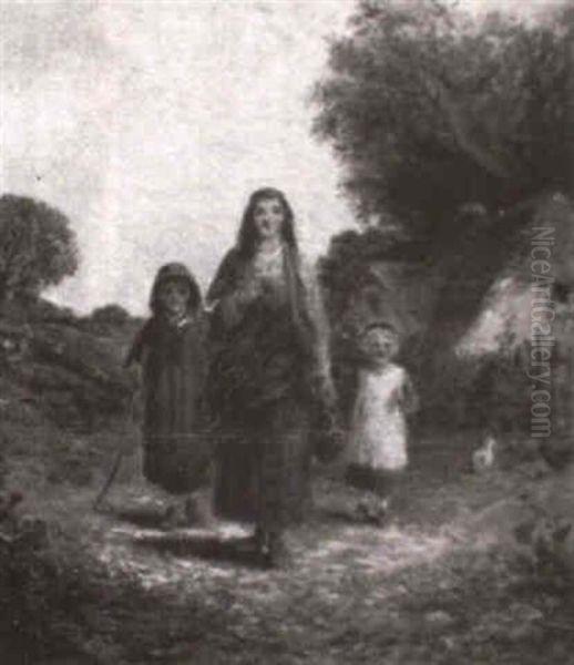 Mother And Children On Village Path Oil Painting by James Edwin Meadows