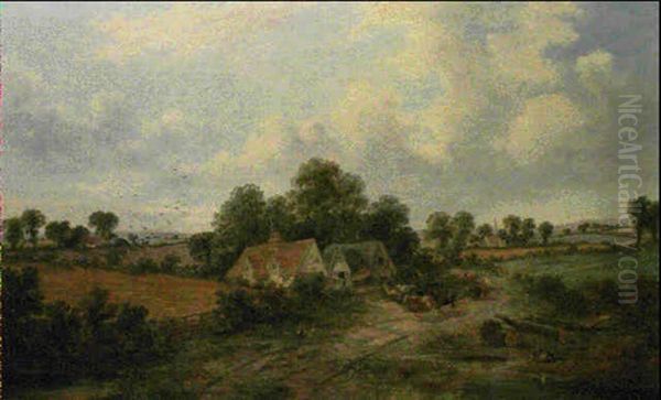 A Drover And Cattle Before A Farmstead Oil Painting by James Edwin Meadows