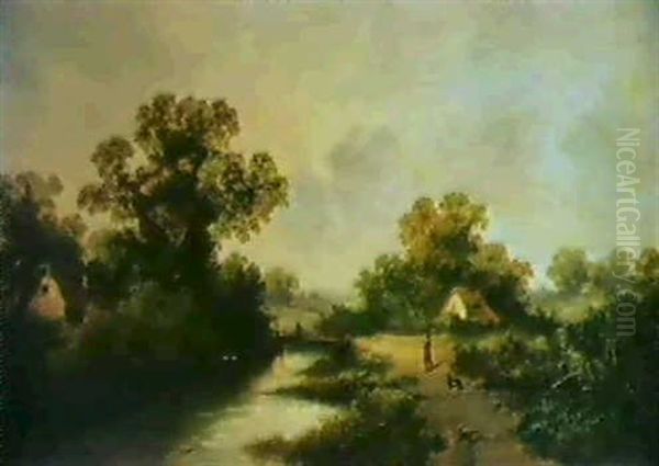 Figure And Dog Before A Cottage In A Wooded River Landscape Oil Painting by James Edwin Meadows