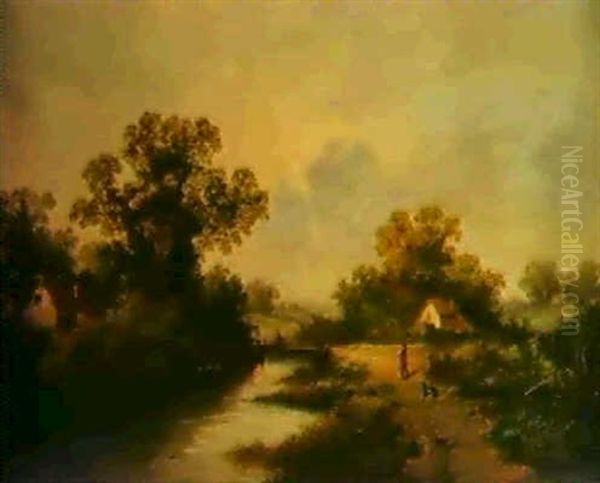 Figure And Dog Before Cottage In A Wooded River Landscape Oil Painting by James Edwin Meadows