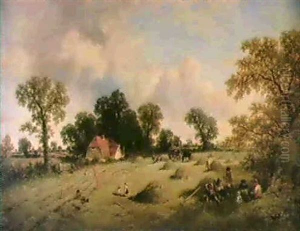 Haymaking In Hampshire Oil Painting by James Edwin Meadows