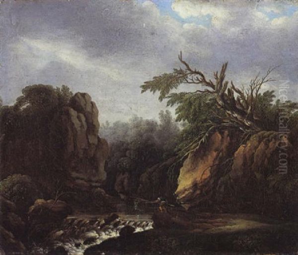 Knabe Mit Fangnetz An Einem Wildbach Oil Painting by Jacob Wilhelm Mechau