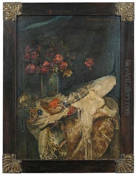 Stilleben Mit Blumen, Schmuck, Facher, Stola Und Schuh Oil Painting by Hedwig Mechle-Grossmann