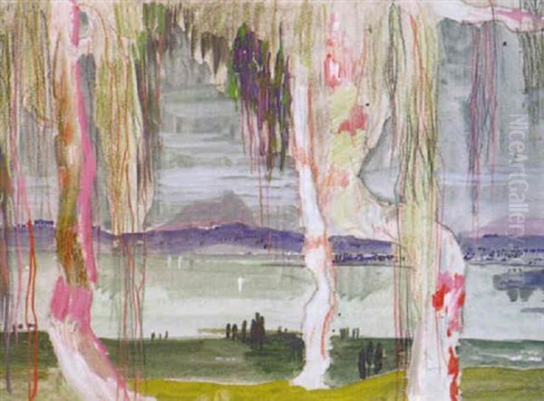 Uferstuck Mit Bluhenden Baumen Und Fernem Hugelhorizont Oil Painting by Emilie Mediz-Pelikan