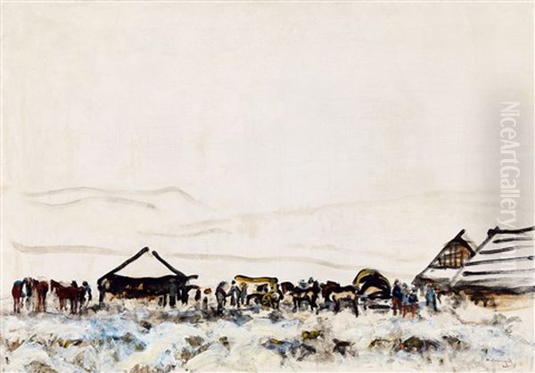 Supply-column Resting In The Snow Oil Painting by Laszlo Mednyanszky