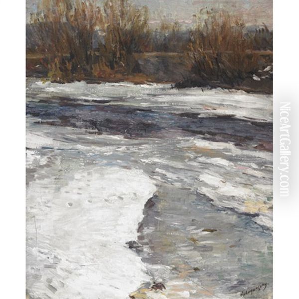 A Snow Covered Stream Oil Painting by Laszlo Mednyanszky