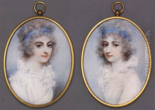 A Young Lady In White Dress With Ruffled Collar, Blue Bandeau In Her Powdered Curling Hair Oil Painting by Anne Mee