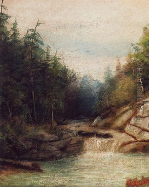Landscape With Waterfall Oil Painting by Joseph Rusling Meeker