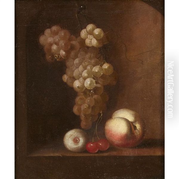 Still Life Of Grapes, Cherries, A Peach And An Apple On A Ledge Oil Painting by Barend van der Meer