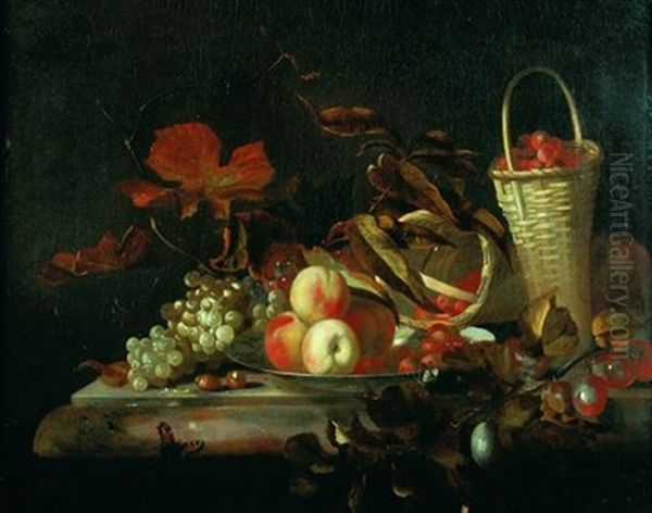 Nature Morte Aux Panier De Fraises, Plat De Peches Et Raisins Sur Un Entablement De Marbre Oil Painting by Barend van der Meer