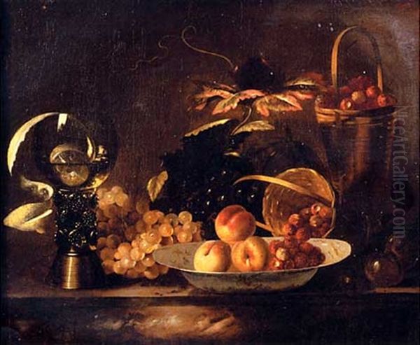 Peaches And Raspberries On A Dish, With Grapes, A Roemer, A Partly-peeled Lemon And A Basket On A Marble Ledge Oil Painting by Barend van der Meer