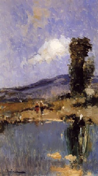 Pisaje Con Figuras Al Borde De Un Lago Oil Painting by Eliseo Meifren y Roig