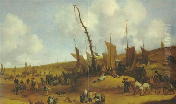 Blick Auf Die Kuste Vor Scheveningen, Rechts Im Hintergrund Die Gotische Kirche, Im Vordergrund Viele Figuren Oil Painting by Hendrick De Meijer