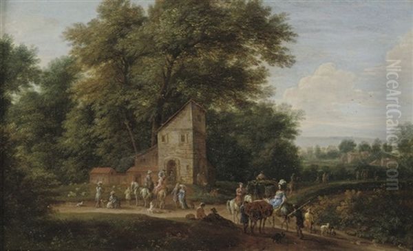 A Wooded Landscape With Elegant Company On Horseback Oil Painting by Jan-Baptiste van der Meiren