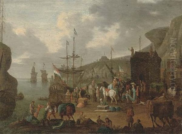 A Mediterranean Harbour With Stevedores Unloading And Elegant Company On The Shore Oil Painting by Jan-Baptiste van der Meiren