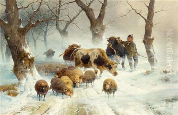Heimkehrende Herde Oil Painting by Adolf Ernst Meissner