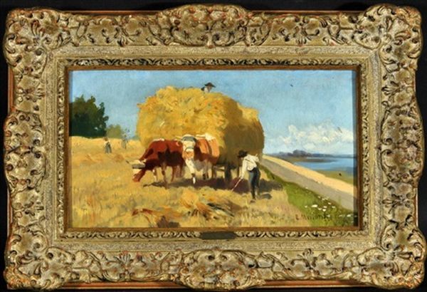 Heuernte Mit Ochsengespann Am Chiemsee Oil Painting by Adolf Ernst Meissner