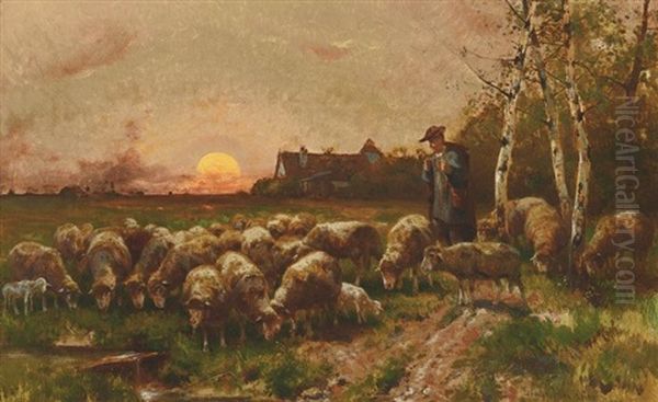 Schafer Mit Seiner Herde In Abendlicher Bachlandschaft Oil Painting by Adolf Ernst Meissner