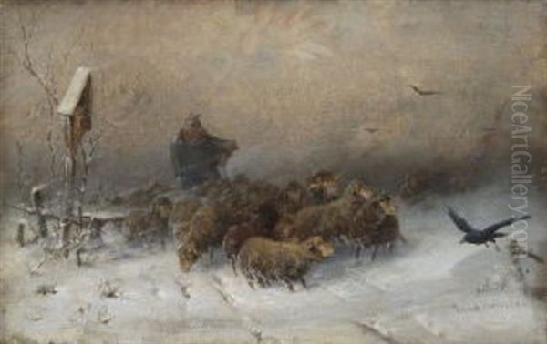 Hirte Mit Schafherde Oil Painting by Adolf Ernst Meissner