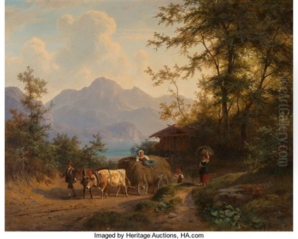 Mountain Landscape With Hay Wagon And Farmers Oil Painting by Gustav Meissner