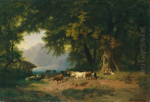 Hirten Mit Vieh Am Ufer Eines Gebirgssees Oil Painting by Gustav Meissner