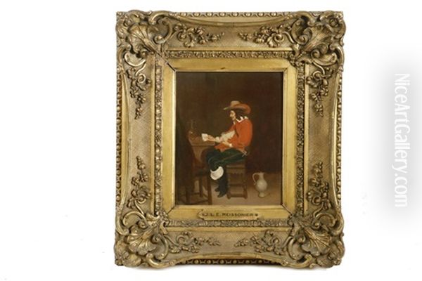 A Cavalier Playing Cards Oil Painting by Jean-Louis-Ernest Meissonier