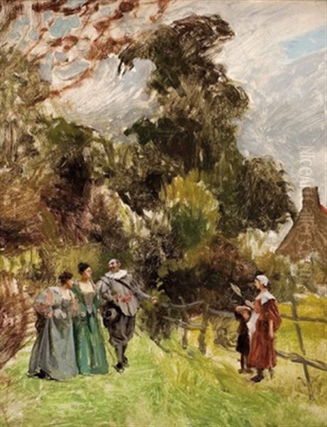 Spaziergang Der Vornehmen Welt (+ Schlossherr Und Die Seinen Vor Dem Schloss; 2 Works) Oil Painting by Jean-Louis-Ernest Meissonier