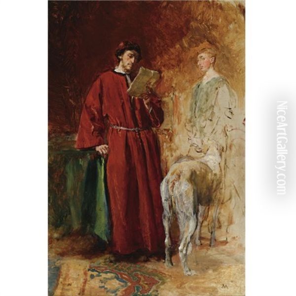 The Artist's Son With Edouard Detaille (sketch) Oil Painting by Jean-Louis-Ernest Meissonier