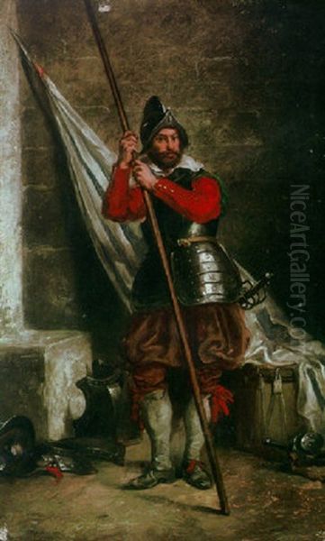 A Cavalier Standing With A Staff In An Armory Oil Painting by Jean-Louis-Ernest Meissonier