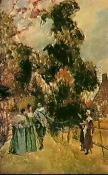 Three Figures Visiting A Country Estate Oil Painting by Jean-Louis-Ernest Meissonier