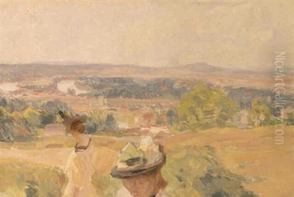 Sommerdag I Landskab Med To Unge Kvinder Oil Painting by Charles De Meixmoron De Dombasle