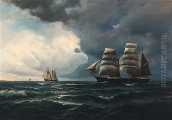 Seascape With Sailing Ships At Sea Oil Painting by Daniel Hermann Anton Melbye