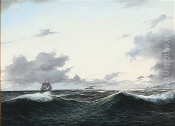 Coastal Scene With A Sailing Ship And A Steamer In Heavy Waves Oil Painting by Daniel Hermann Anton Melbye