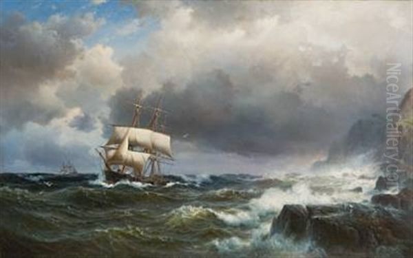 Seilskute Ved Kysten Oil Painting by Daniel Hermann Anton Melbye