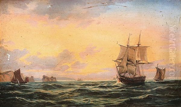 Segelboote Und Ein Dampfsegler Vor Der Steilkuste Oil Painting by Daniel Hermann Anton Melbye