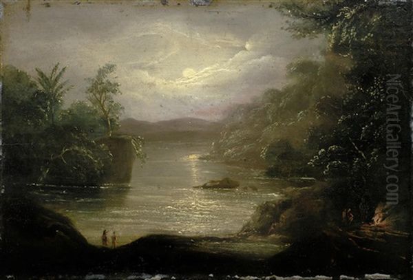 Figures By A Fire In A Moonlit Cove, Possibly Central Or South America Oil Painting by Fritz Siegfried George Melbye