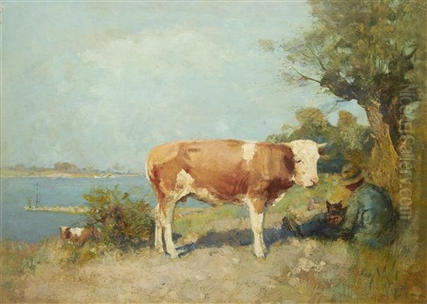 Landscape With A Cow And A Herdsman Resting Oil Painting by Gari Julius Melchers