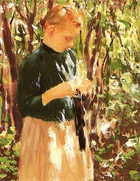 Girl Knitting Oil Painting by Gari Julius Melchers