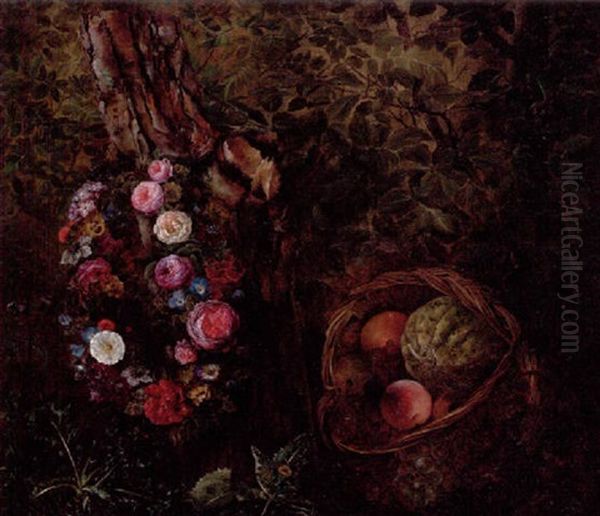 Opstilling Med Blomsterkrans Pa En Traestub Samt Kurv Med Frugter Oil Painting by Henriette Melchior