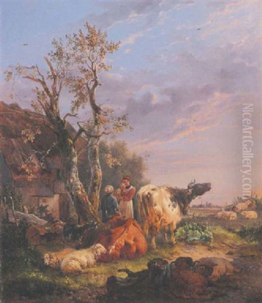 Bauernfamilie Mit Kuhen, Schafen Und Ziegen Oil Painting by Wilhelm Melchior