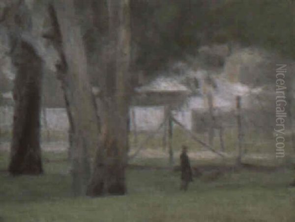 Parkland With Figure Strolling Oil Painting by Duncan Max Meldrum