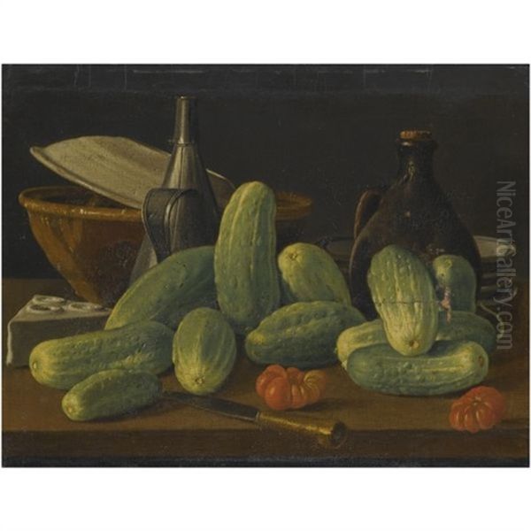 Still Life With Cucumbers And Tomatoes Together With A Knife And Other Kitchen Utensils Upon A Wooden Table Oil Painting by Luis Melendez