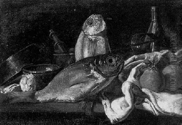 Still Life Of Fish, Oranges, Garlic And Kitchen Utensils, All Resting On A Table Oil Painting by Luis Melendez