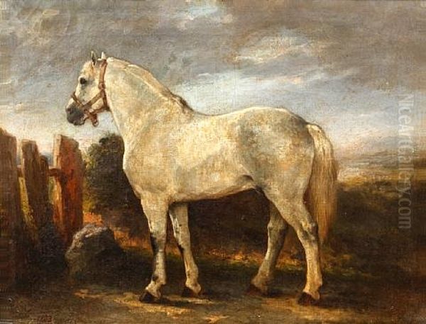 Portrait Of A Grey Horse Before A Landscape Oil Painting by Joseph Urbain Melin