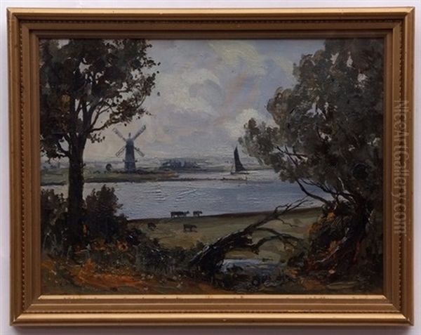 Broadland View With Windmill Oil Painting by Campbell A. Mellon