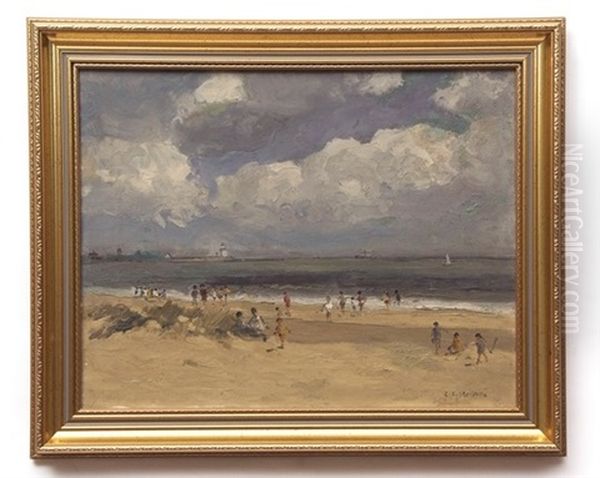 Busy Beach Scene At Gorleston Oil Painting by Campbell A. Mellon