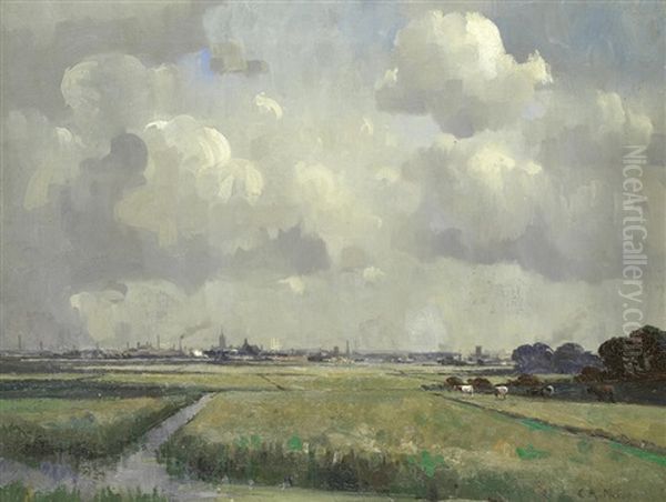 Looking Over Flatford Marshes Towards Great Yarmouth Oil Painting by Campbell A. Mellon